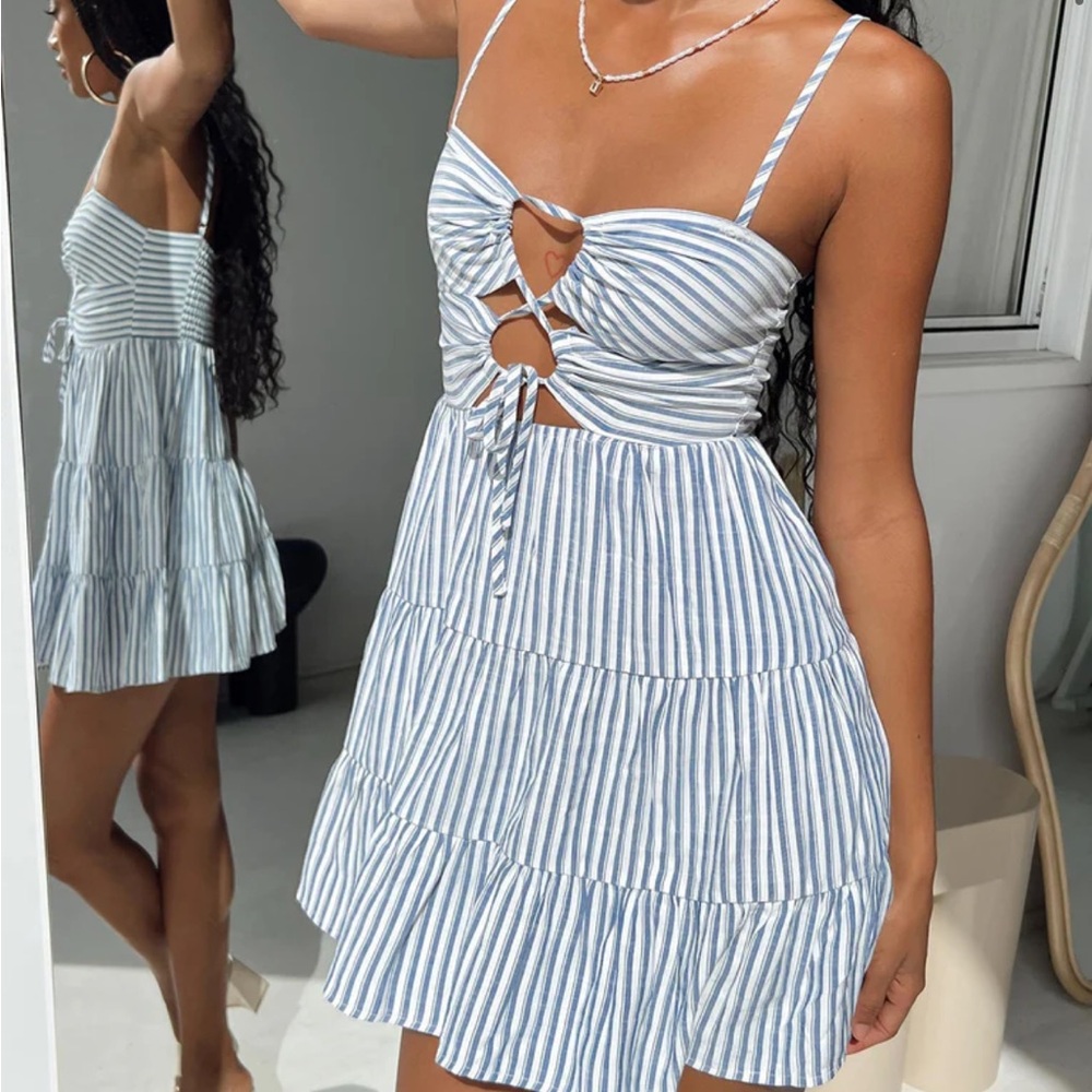 Princess Polly Blue and White Pleated Tie Front Mini Sundress